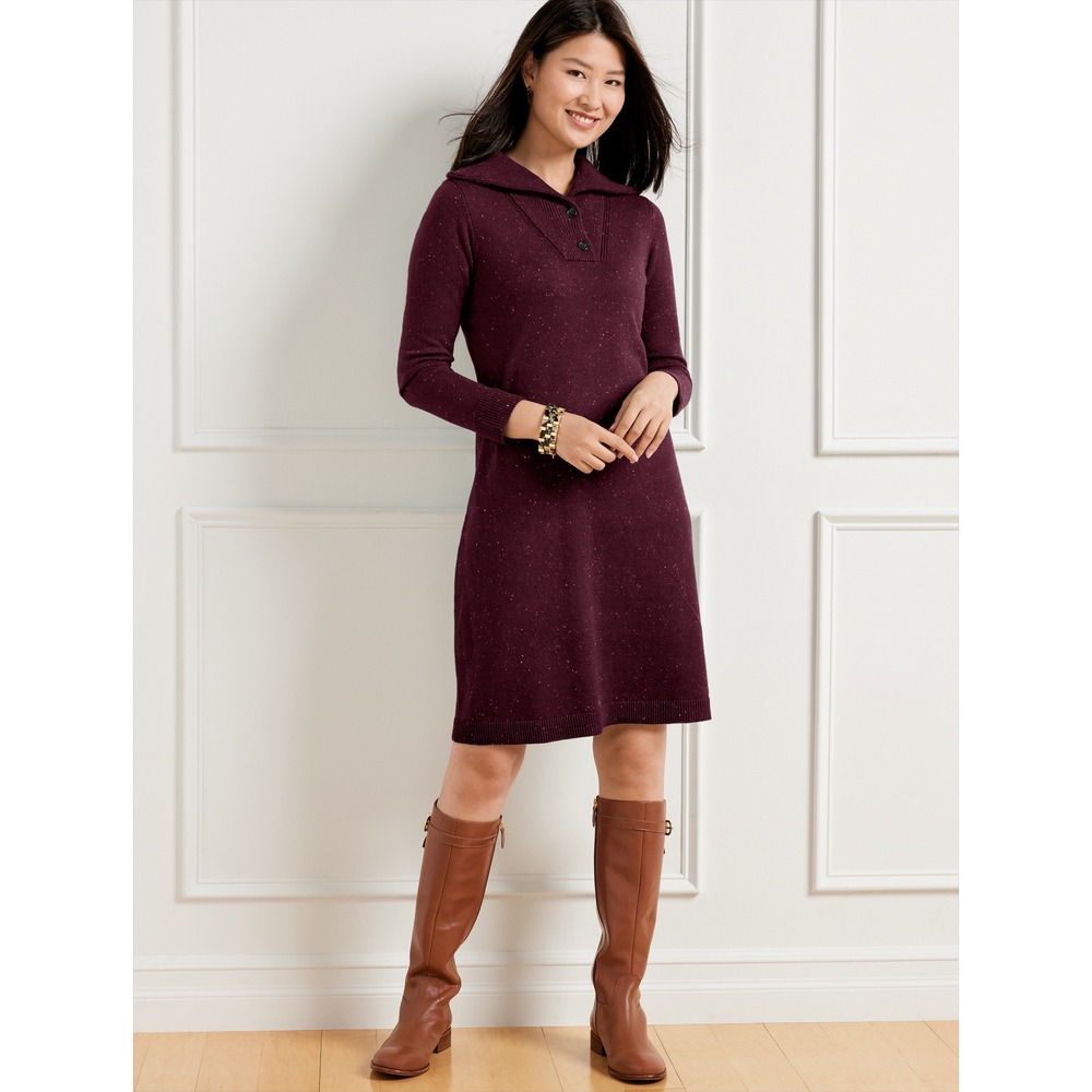 Talbots Plus Supersoft Johnny Collar Sweater Dress 3X Burgundy Tweed Knit